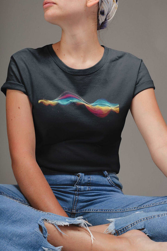 Abstract Line Of Waves In Space Ladies Soft Cotton Slim Fit T-shirt - Rock & Roll Prints