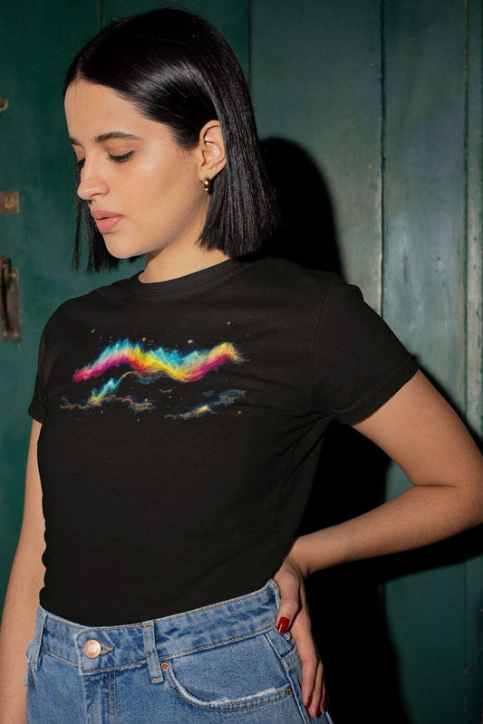 Abstract Waves In The Night Sky Ladies Soft Cotton Slim Fit T-shirt - Rock & Roll Prints