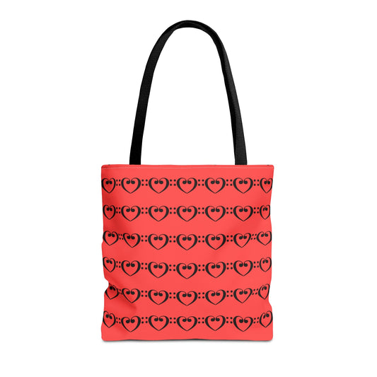 Bass Clef Hearts Tote Bag Black & Red - Rock & Roll Prints