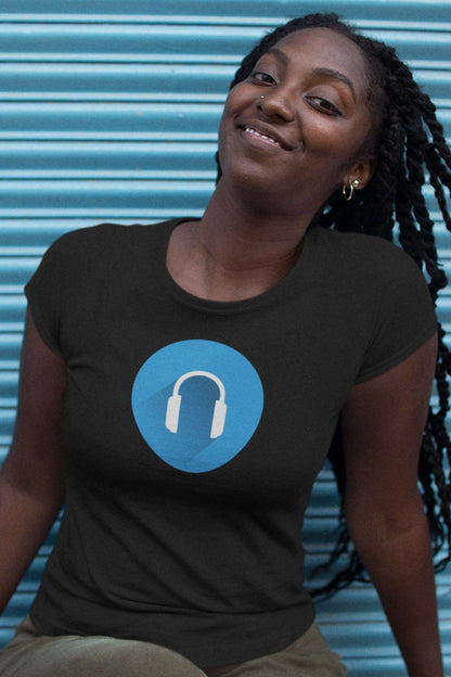 Blue White Headphones Design Ladies Soft Cotton Slim Fit T-shirt - Rock & Roll Prints