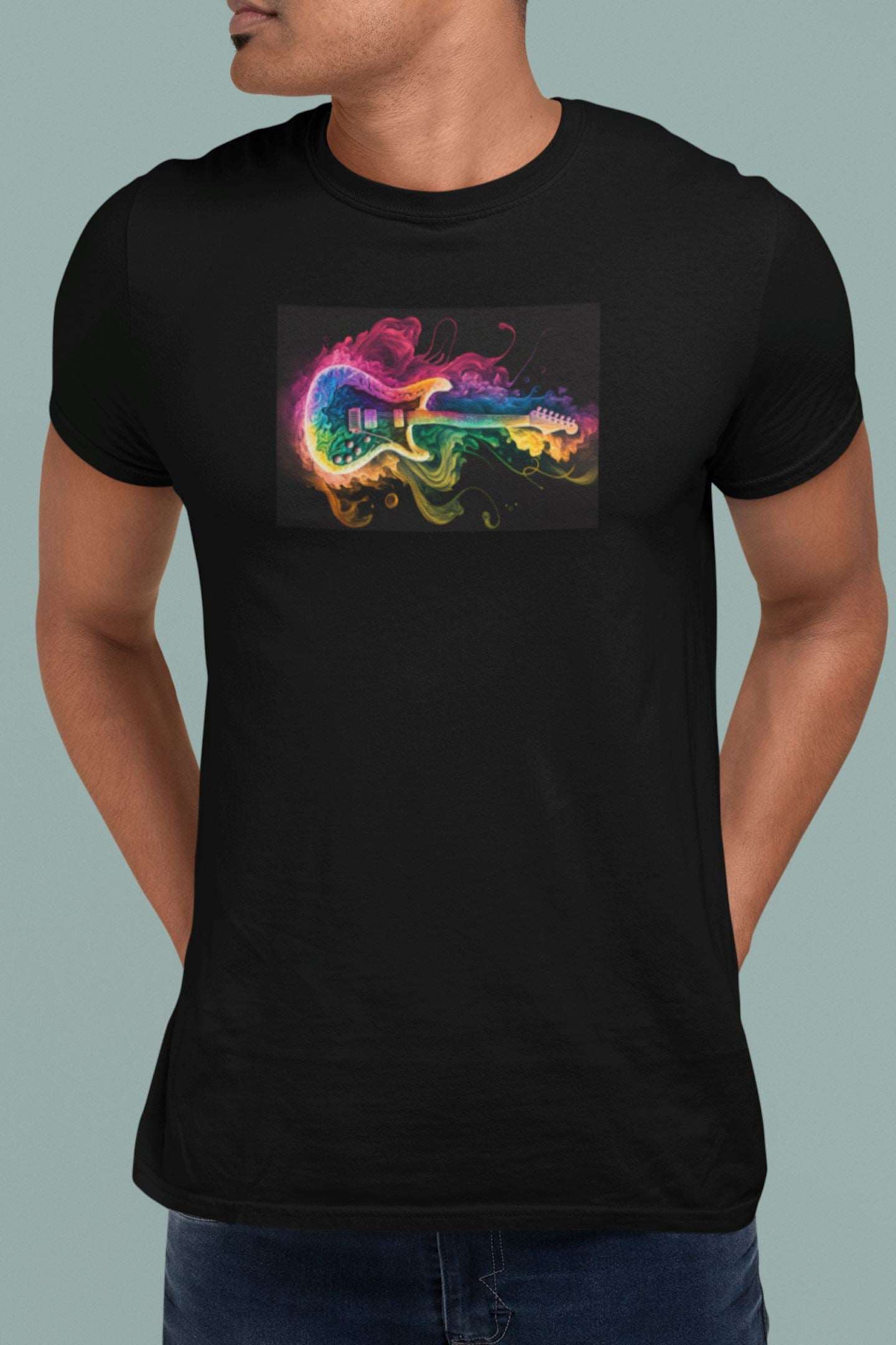 Bright Electric Guitar Smoke Design Mens Unisex Soft Cotton T-shirt - Rock & Roll Prints