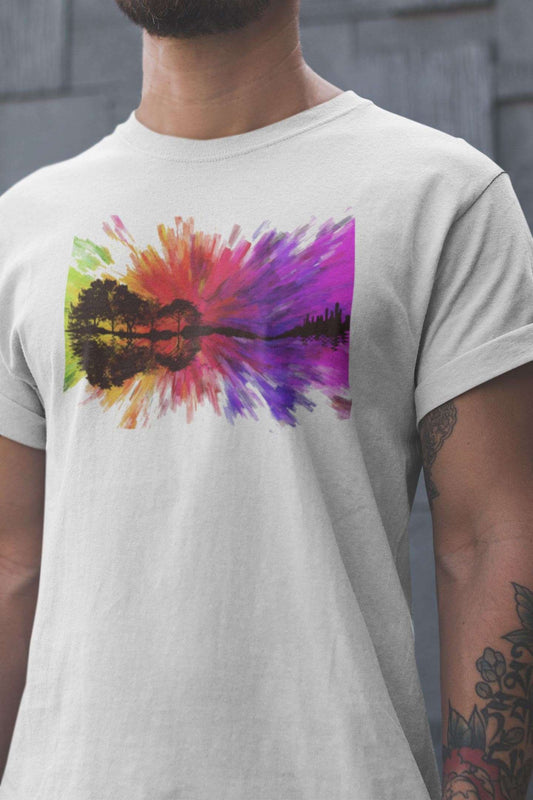 Color Burst Landscape Guitar Design Mens Unisex Soft Cotton T-shirt - Rock & Roll Prints