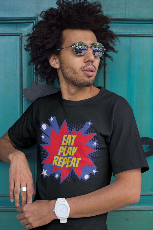 Eat, Play, Repeat Design Mens Unisex Soft Cotton T-shirt - Rock & Roll Prints