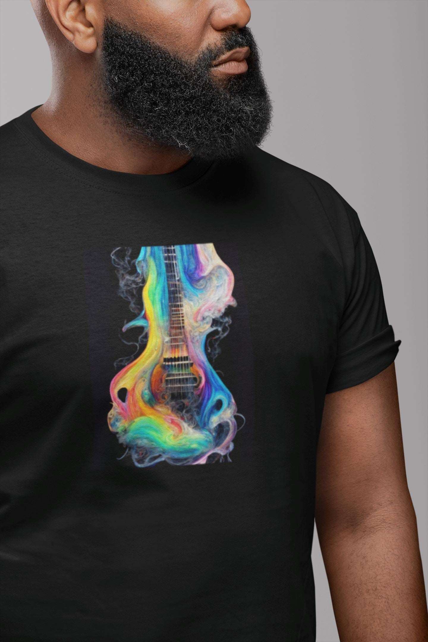 Electric Guitar Rainbow Paint Design Mens Unisex Soft Cotton T-shirt - Rock & Roll Prints