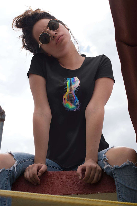 Electric Guitar Rainbow Paint Ladies Soft Cotton Slim Fit T-shirt - Rock & Roll Prints