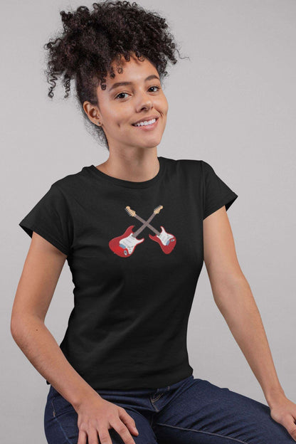 Electric Guitars Crossed Design Ladies Soft Cotton Slim Fit T-shirt - Rock & Roll Prints