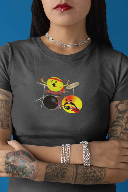 Emoji Drums And Guitar Design Ladies Soft Cotton Slim Fit T-shirt - Rock & Roll Prints