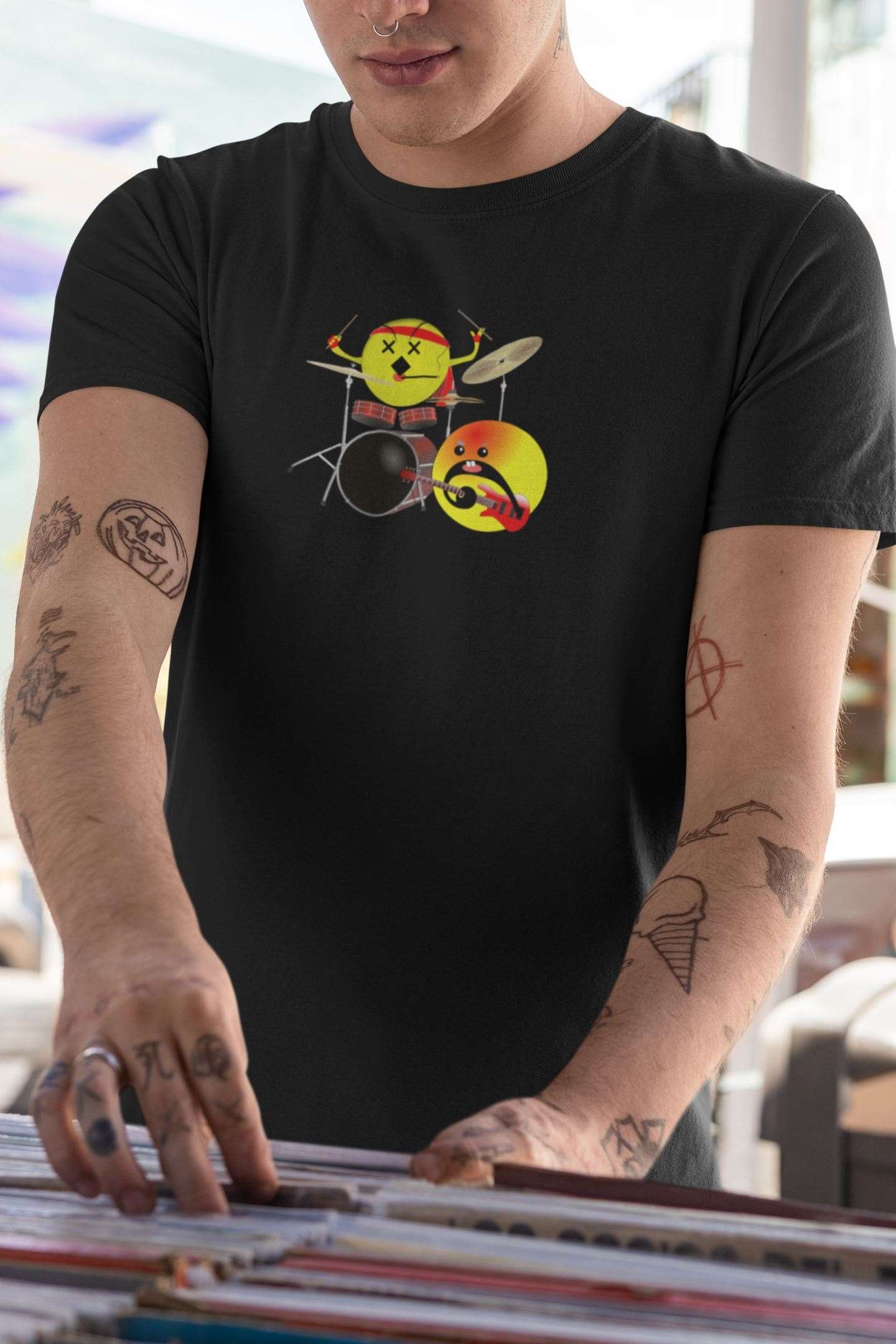 Emoji Drums And Guitar Design Mens Unisex Soft Cotton T-shirt - Rock & Roll Prints