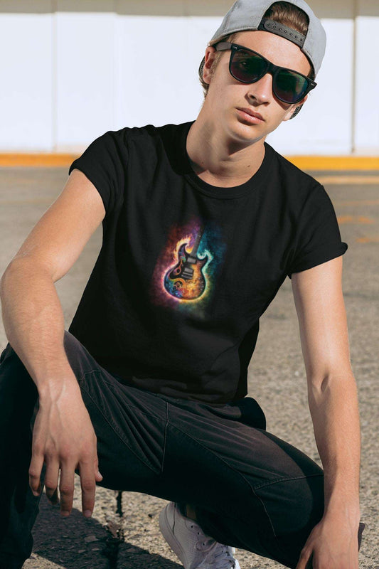 Flaming Electric Guitar Mens Unisex Soft Cotton T-shirt - Rock & Roll Prints