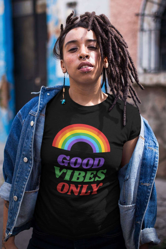 Good Vibes Only Rainbow Design Ladies Soft Cotton Slim Fit T-shirt - Rock & Roll Prints