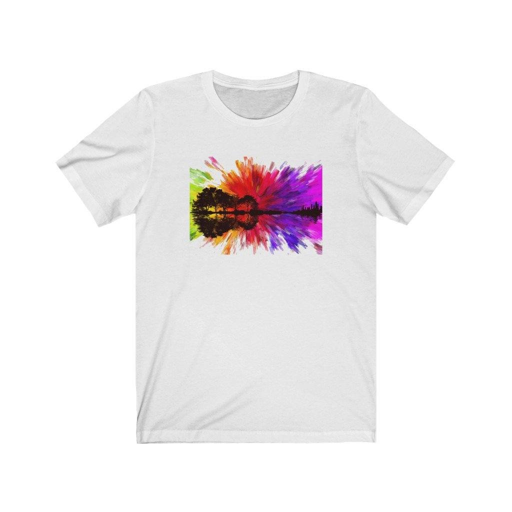 Color Burst Landscape Guitar Design Mens Unisex Soft Cotton T-shirt - Rock & Roll Prints