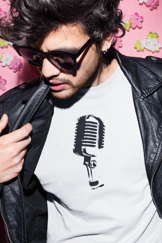 Microphone Silhouette Design Mens Unisex Soft Cotton T-shirt - Rock & Roll Prints