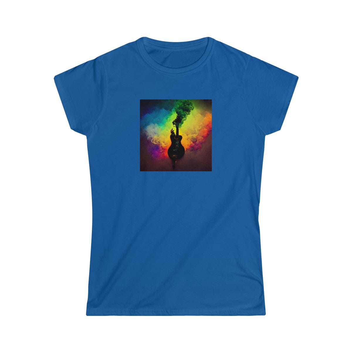 Multicolor Smoke Guitar Silhouette Design Ladies Soft Cotton Slim Fit T-shirt - Rock & Roll Prints