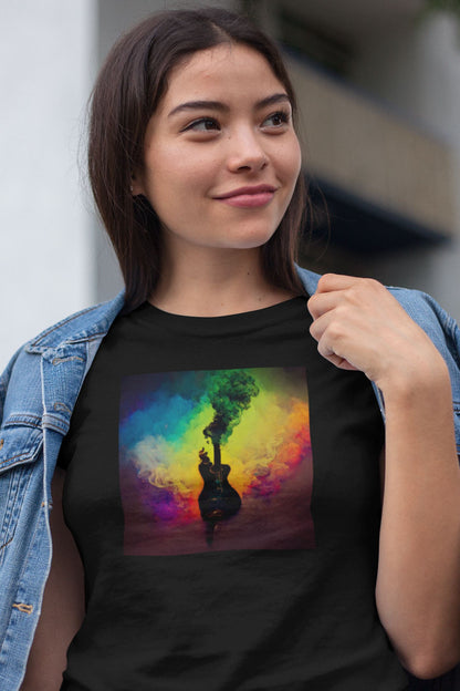 Multicolor Smoke Guitar Silhouette Design Ladies Soft Cotton Slim Fit T-shirt - Rock & Roll Prints