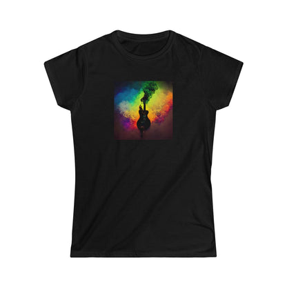 Multicolor Smoke Guitar Silhouette Design Ladies Soft Cotton Slim Fit T-shirt - Rock & Roll Prints