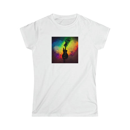 Multicolor Smoke Guitar Silhouette Design Ladies Soft Cotton Slim Fit T-shirt - Rock & Roll Prints