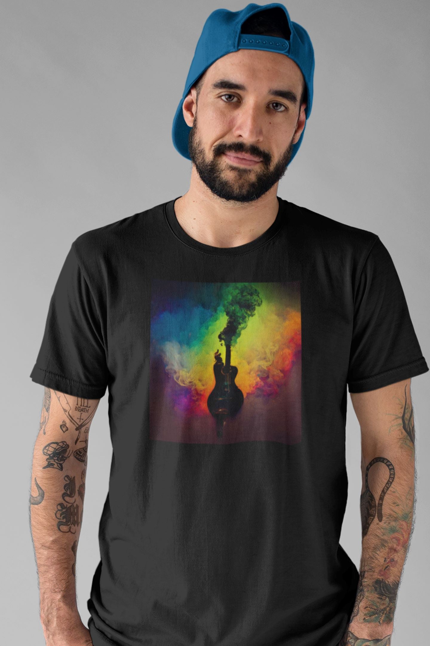 Multicolor Smoke Guitar Silhouette Mens Unisex Soft Cotton T-shirt - Rock & Roll Prints