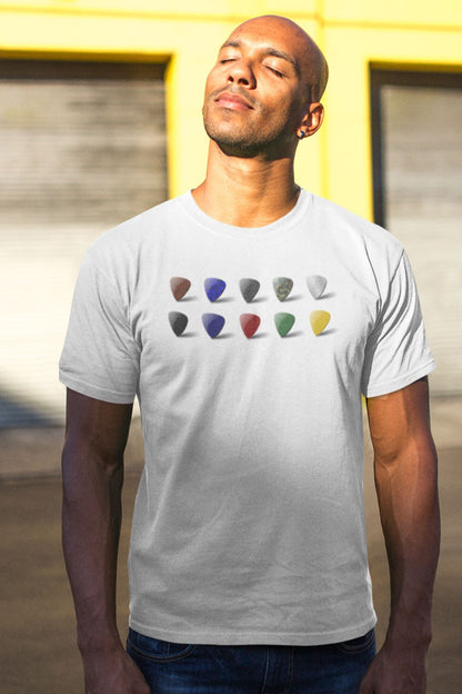 Multicolored Guitar Pick Design Mens Unisex Soft Cotton T-shirt - Rock & Roll Prints