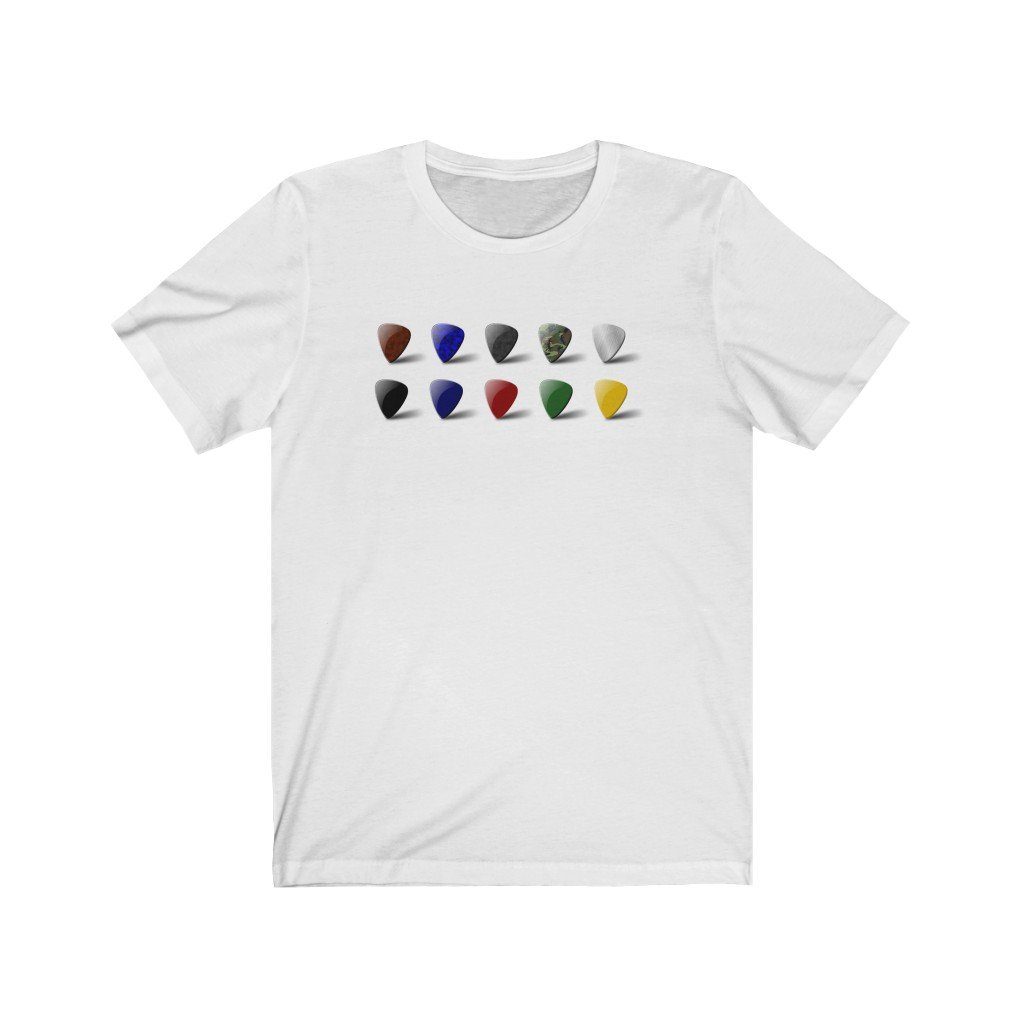 Multicolored Guitar Pick Design Mens Unisex Soft Cotton T-shirt - Rock & Roll Prints