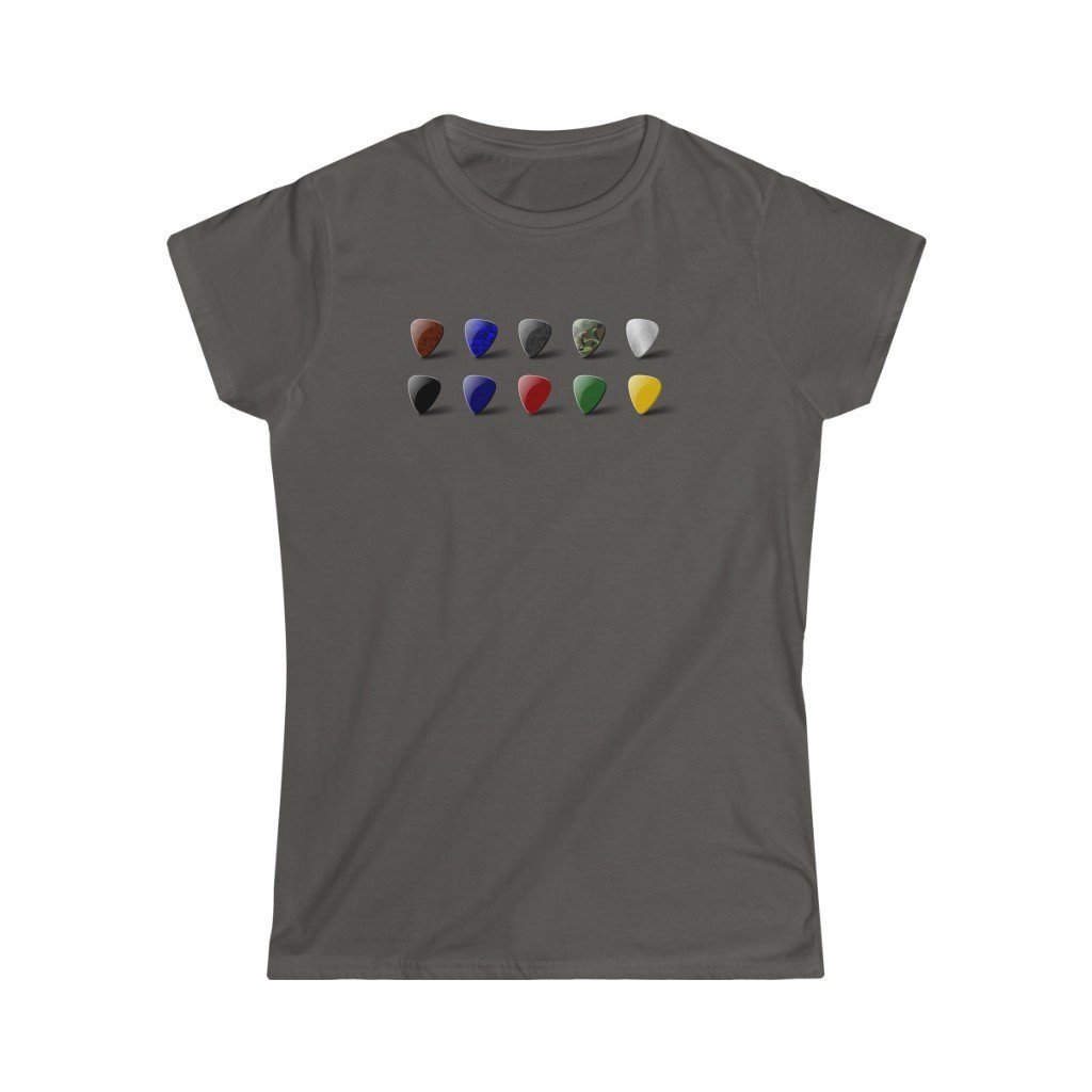 Multicolored Guitar Plectrum Design Ladies Soft Cotton Slim Fit T-shirt - Rock & Roll Prints