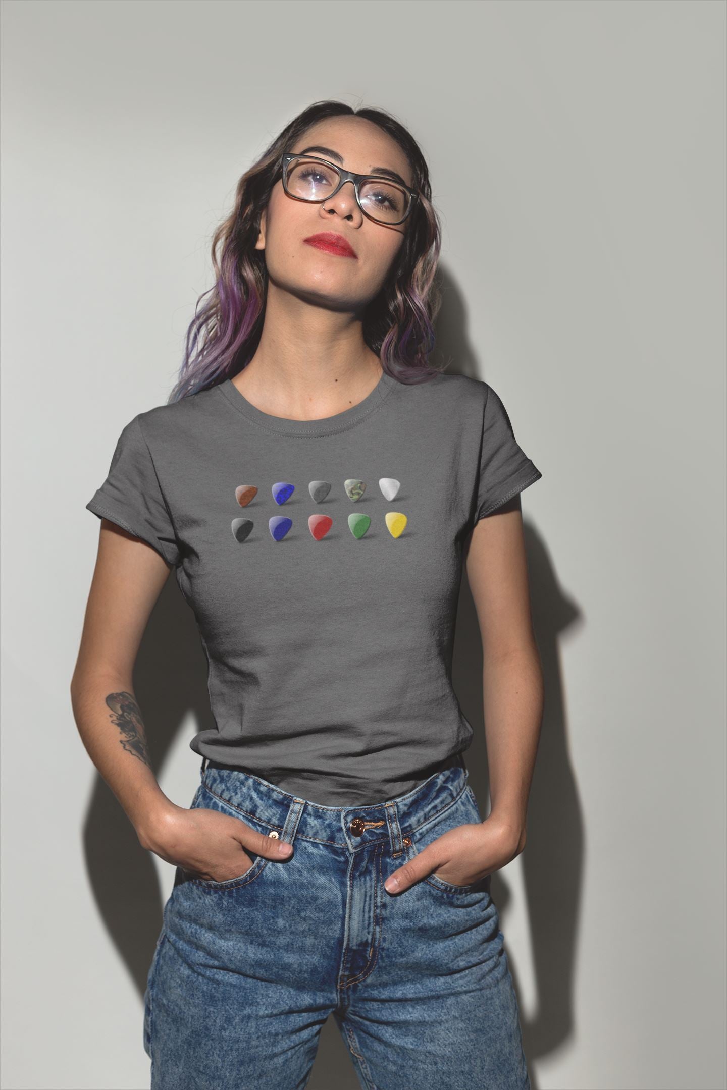 Multicolored Guitar Plectrum Design Ladies Soft Cotton Slim Fit T-shirt - Rock & Roll Prints