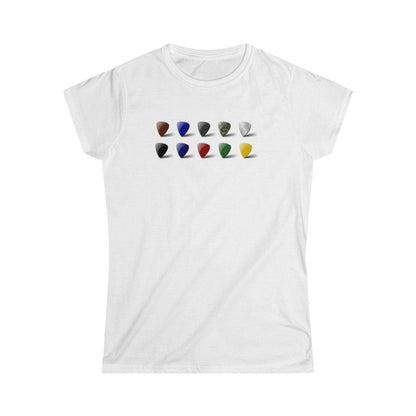 Multicolored Guitar Plectrum Design Ladies Soft Cotton Slim Fit T-shirt - Rock & Roll Prints