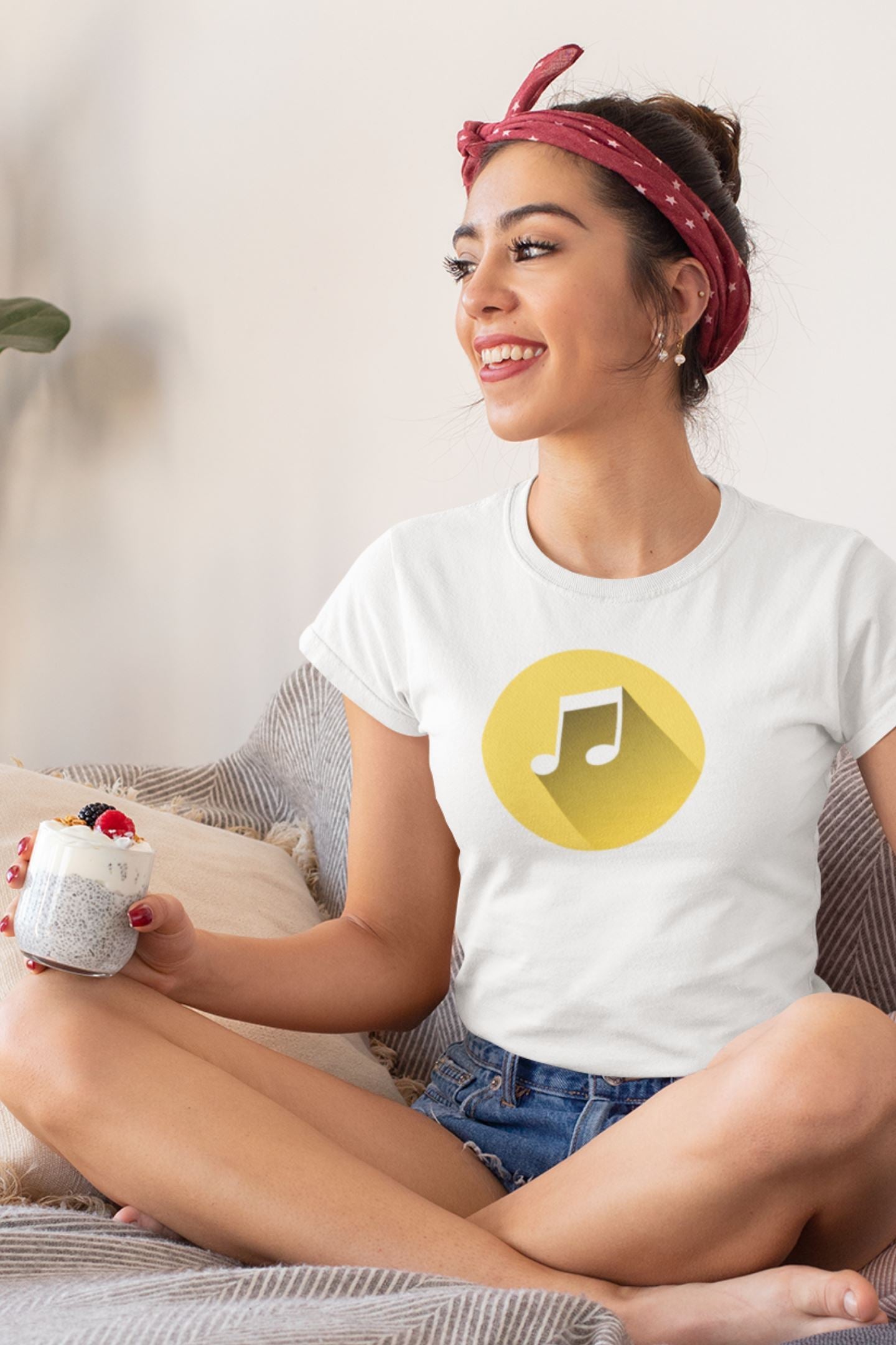 Music Notation Quavers Design Ladies Soft Cotton Slim Fit T-shirt - Rock & Roll Prints