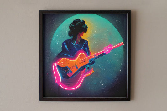 Neon Guitar Girl Art Print - Rock & Roll Prints