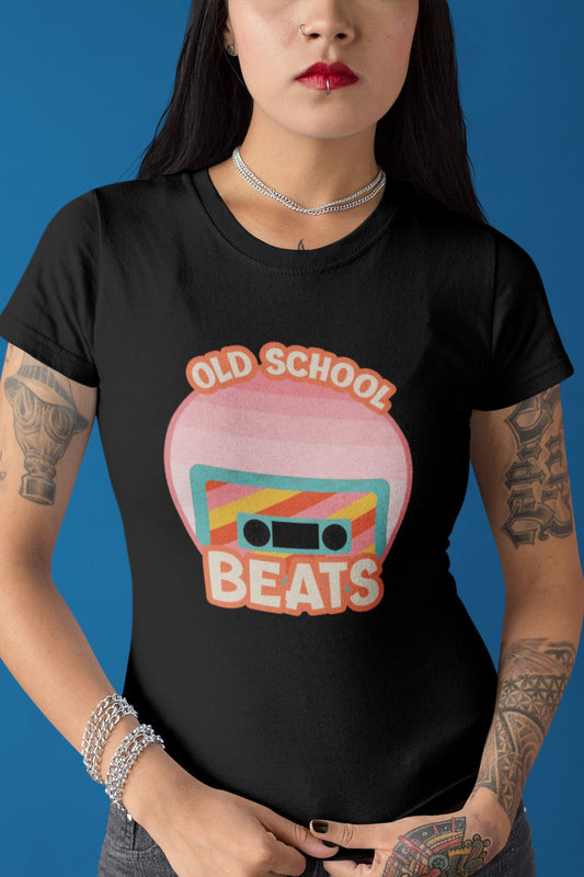 Old School Beats Cassette Design Ladies Soft Cotton Slim Fit T-shirt - Rock & Roll Prints