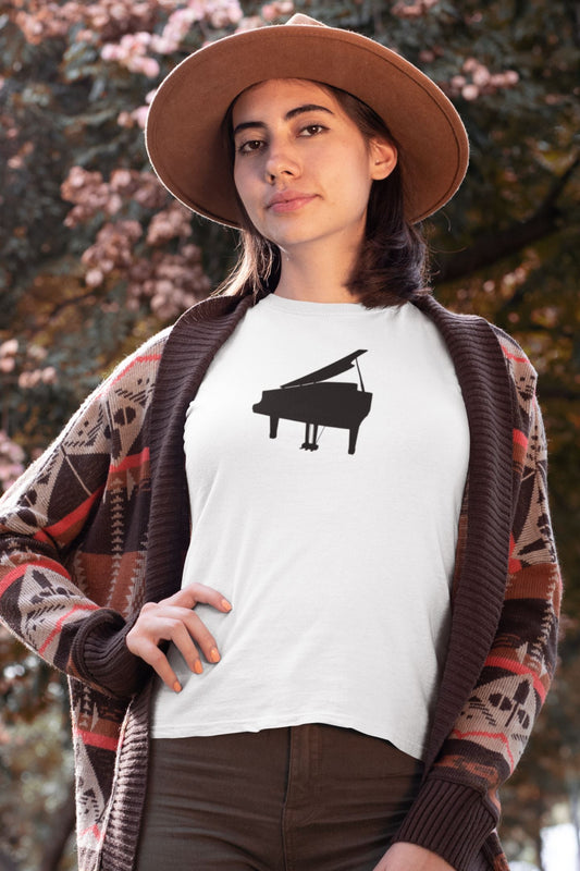 Piano Silhouette Design Ladies Soft Cotton Slim Fit T-shirt - Rock & Roll Prints