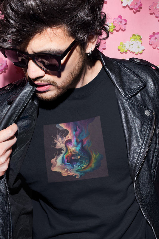 Psychedelic Color Electric Guitar Mens Unisex Soft Cotton T-shirt - Rock & Roll Prints