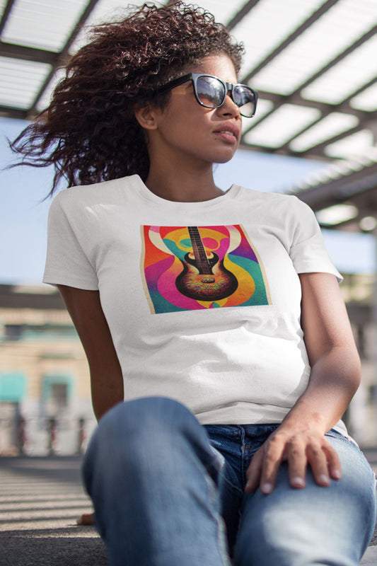 Psychedelic Guitar Poster Design Ladies Soft Cotton Slim Fit T-shirt - Rock & Roll Prints