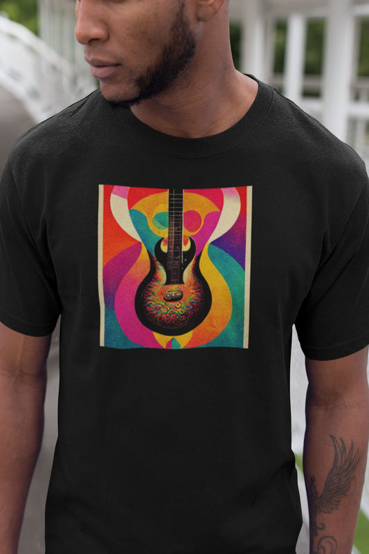 Psychedelic Guitar Poster Mens Unisex Soft Cotton T-shirt - Rock & Roll Prints