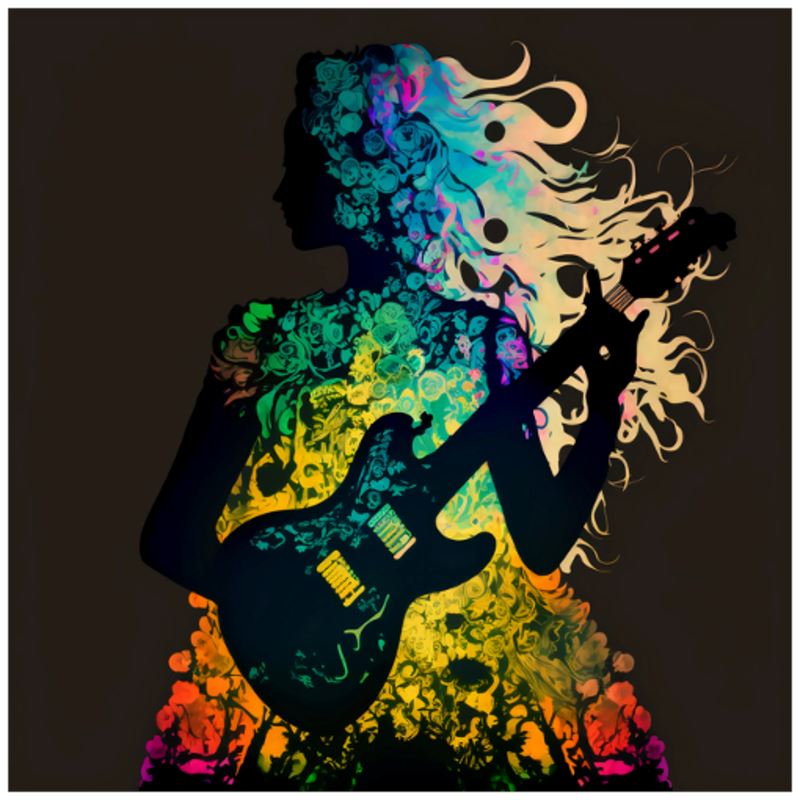 Rainbow Flower Guitar Girl Art Print - Rock & Roll Prints