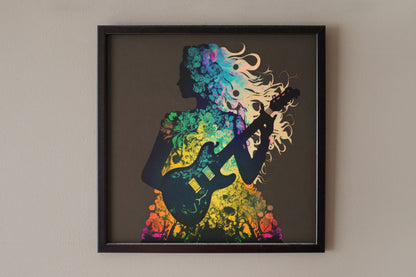 Rainbow Flower Guitar Girl Art Print - Rock & Roll Prints