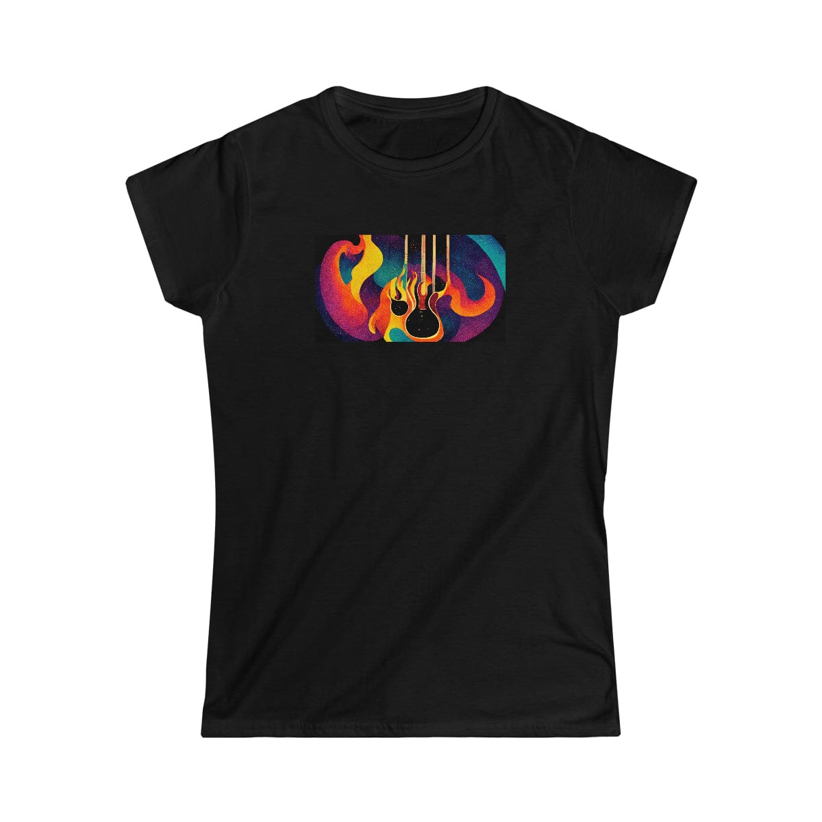 Retro Psychedelic Guitar Design Ladies Soft Cotton Slim Fit T-shirt - Rock & Roll Prints