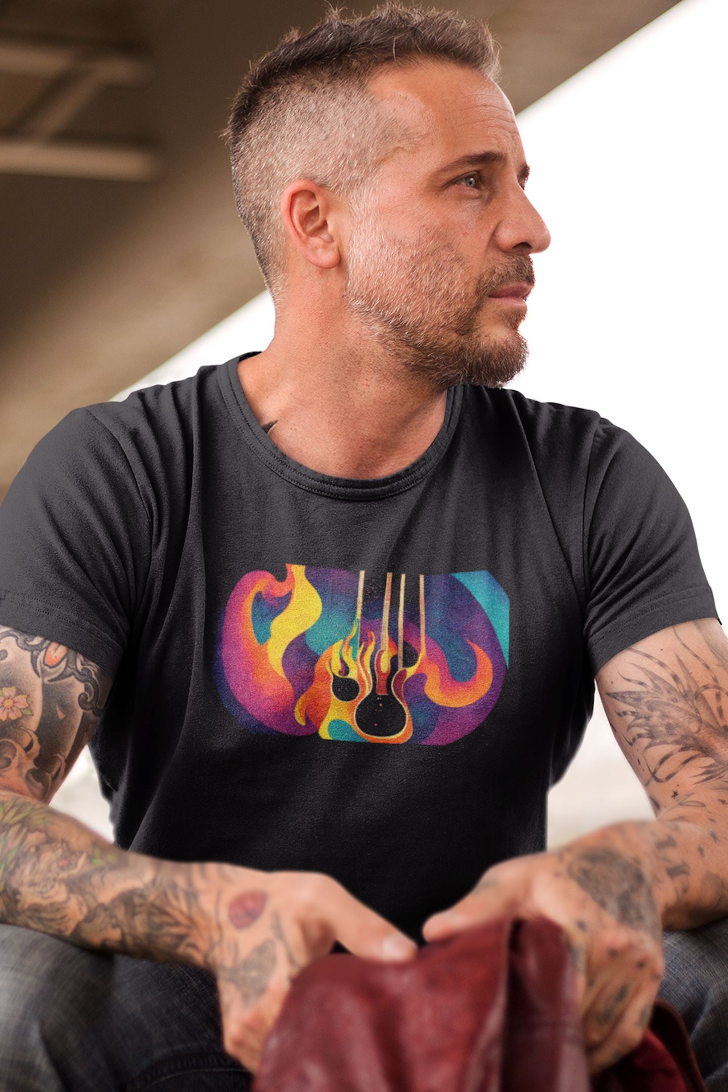 Retro Psychedelic Guitar Mens Unisex Soft Cotton T-shirt - Rock & Roll Prints