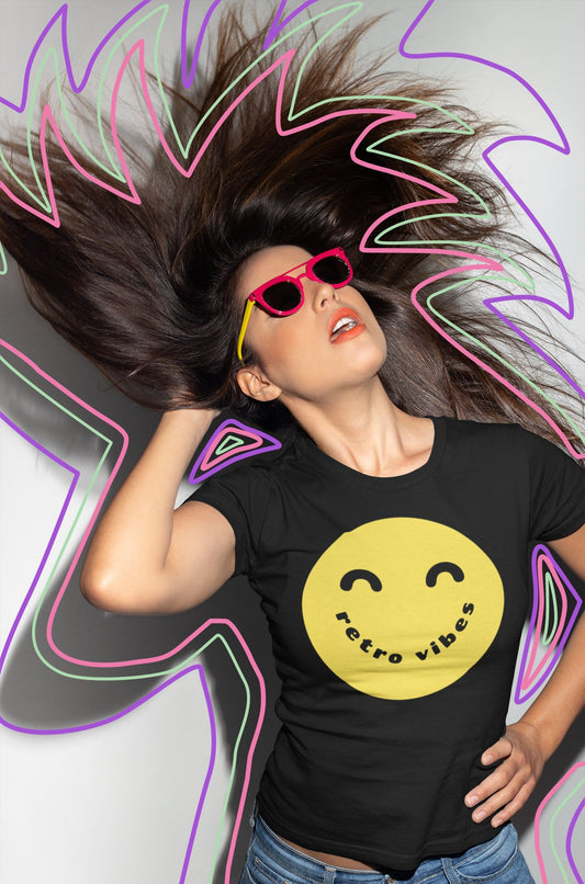 Retro Vibes Smiley Design Ladies Soft Cotton Slim Fit T-shirt - Rock & Roll Prints